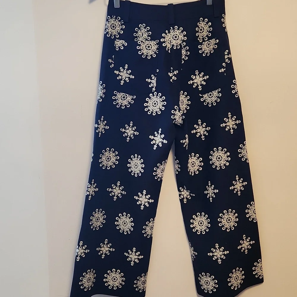 Zara Navy Linen Blend Contrast Embroidered Wide Leg Culottes M